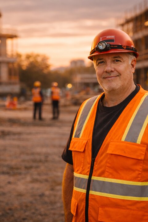 Construction worker with safety equipment at construction site